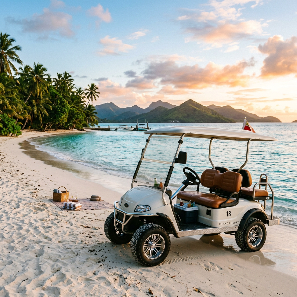 Golf cart on sandy beach near tropical water with mountains in distance at sunset